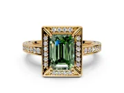 Halo Engagement Ring Setting for Fancy Green Emerald Cut Center with Framed Halo, Pave Band and Prong Head in Yellow Gold