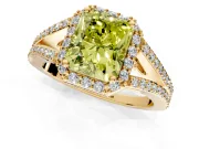 Halo Engagement Ring Setting for Fancy Yellow Radiant Cut Center with Pave Split Shank and Prong Head in Yellow Gold