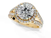 Halo Engagement Ring Setting for Round Cut Center with Narrow Pave Split Shank and Prong Head in Yellow Gold