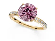 Solitaire Engagement Ring Setting for Fancy Pink Round Cut Center with Fine Pave Band and Prong Head in Yellow Gold