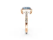 Halo Engagement Ring Setting for Fancy Blue Radiant Cut Center with Heart-Shaped Openwork, Pave Band and Prong Head in Rose Gold