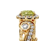 Milgrain Halo Engagement Ring Setting for Fancy Yellow Cushion Cut Center with Shoulder Bezels and Prong Head in Yellow Gold