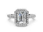 Halo Engagement Ring Setting for Emerald Cut Center with Inner Milgrain Border and Prong Head in Sterling Silver