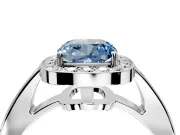 Bezel-Framed Halo Engagement Ring Setting for Fancy Blue Cushion Cut Center with Pave Band and Prong Head in Platinum