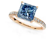 Solitaire Engagement Ring Setting for Fancy Blue Princess Cut Center with Fine Pave Band and Prong Head in Rose Gold
