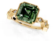 Milgrain Bezel Engagement Ring Setting for Fancy Green Asscher Cut Center with Marquise Stations and Bezel Head in Yellow Gold