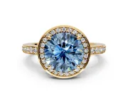 Halo Engagement Ring Setting for Fancy Blue Round Cut Center with Metal-Rimmed Halo, Pave Band and Prong Head in Yellow Gold