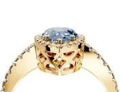 Accent Halo Engagement Ring Setting for Fancy Blue Pear-Shaped Center with Full-Length Pave Band and Prong Head in Yellow Gold