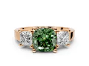 3 Stone Engagement Ring Setting for Fancy Green Cushion Cut Center with Matching Side Accents and Prong Head in Rose Gold
