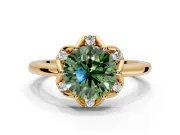 Floral Frame Engagement Ring Setting for Fancy Green Round Cut Center with Accent Clusters and Prong Head in Yellow Gold
