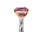 Baguette Engagement Ring Setting for Fancy Pink Asscher Cut Center with Alternating Bar-Set Band and Prong Head in Rose Gold
