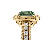 Milgrain Halo Engagement Ring Setting for Fancy Green Radiant Cut Center with Pave Band and Prong Head in Yellow Gold