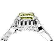 Halo Engagement Ring Setting for Fancy Yellow Emerald Cut Center with Leaf Motif Split Shank and Prong Head in Platinum
