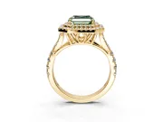 Double Halo Engagement Ring Setting for Fancy Green Asscher Cut Center with Narrow Pave Split Shank and Prong Head in Yellow Gold