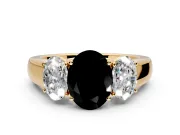 3 Stone Engagement Ring Setting for Fancy Black Oval Center with Raised Basket Heads and Prong Head in Yellow Gold