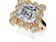 Cluster Halo Engagement Ring Setting for Asscher Cut Center with Milgrain Bezel Accents and Prong Head in Yellow Gold
