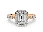 Halo Engagement Ring Setting for Emerald Cut Center with Full Pave Band and Prong Head in Rose Gold