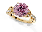 Leaf Motif Engagement Ring Setting for Fancy Pink Round Cut Center with Pave Band and Prong Head in Yellow Gold
