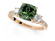 3 Stone Engagement Ring Setting for Fancy Green Cushion Cut Center with Round Cut Side Accents and Prong Head in Rose Gold