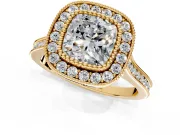 Halo Engagement Ring Setting for Cushion Cut Center with Milgrain Frame, Pave Band and Prong Head in Yellow Gold