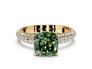 Solitaire Engagement Ring Setting for Fancy Green Cushion Cut Center with Domed Multi-Row Pave Band and Prong Head in Yellow Gold