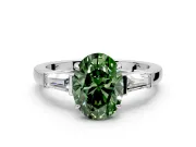 3 Stone Engagement Ring Setting for Fancy Green Oval Center with Baguette Accents and Prong Head in Sterling Silver