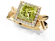 Halo Engagement Ring Setting for Fancy Yellow Princess Cut Center with Floral Band and Prong Head in Yellow Gold