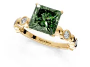 Solitaire Engagement Ring Setting for Fancy Green Princess Cut Center with Beaded Bezel Station Band and Prong Head in Yellow Gold