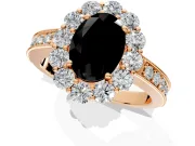 Halo Engagement Ring Setting for Fancy Black Oval Center with Milgrain Channel Band and Prong Head in Rose Gold