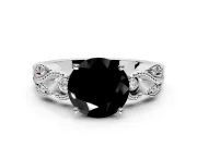 Leaf Engagement Ring Setting for Fancy Black Round Cut Center with Milgrain Accent Band and Prong Head in White Gold