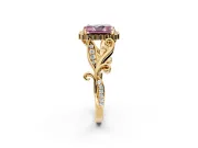 Halo Engagement Ring Setting for Fancy Pink Radiant Cut Center with Leaf Motif Split Shank and Prong Head in Yellow Gold
