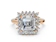Starburst Halo Engagement Ring Setting for Asscher Cut Center with Thin Round-Wire Band and Prong Head in Rose Gold