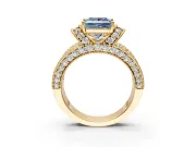 Pave Engagement Ring Setting for Fancy Blue Princess Cut Center with Curved Accent Rows, Openwork and Prong Head in Yellow Gold