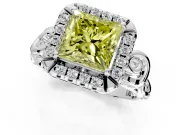 Halo Engagement Ring Setting for Fancy Yellow Princess Cut Center with Open Scroll Shoulders and Prong Head in Platinum