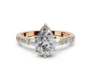 Baguette Engagement Ring Setting for Pear-Shaped Center with Alternating Bar-Set Band and Prong Head in Rose Gold