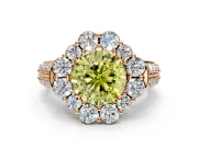 Large Accent Halo Engagement Ring Setting for Fancy Yellow Round Cut Center with Pave Split Shank and Prong Head in Rose Gold