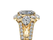 Halo Engagement Ring Setting for Emerald Cut Center with Two-Strand Split Shank and Prong Head in Yellow Gold