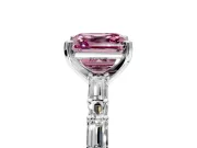 Baguette Engagement Ring Setting for Fancy Pink Asscher Cut Center with Alternating Bar-Set Band and Prong Head in Platinum