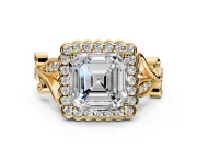 Halo Engagement Ring Setting for Asscher Cut Center with Leaf Motif Split Shank and Prong Head in Yellow Gold
