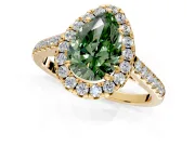 Halo Engagement Ring Setting for Fancy Green Pear-Shaped Center with Narrowing Pave Band and Prong Head in Yellow Gold