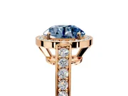 Bezel-Framed Halo Engagement Ring Setting for Fancy Blue Round Cut Center with Pave Band and Prong Head in Rose Gold