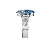 3 Stone Engagement Ring Setting for Fancy Blue Oval Center with Channel Baguette Accents and Prong Head in White Gold