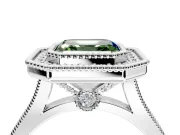 Halo Engagement Ring Setting for Fancy Green Asscher Cut Center with Milgrain Frame, Pave Band and Prong Head in Sterling Silver