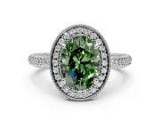 Milgrain Halo Engagement Ring Setting for Fancy Green Oval Center with Three-Sided Pave Band and Prong Head in Platinum