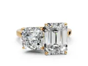 Cushion Cut and Emerald Cut Lab-Grown Diamond Toi et Moi Engagement Ring with Prong-Set Stones in Yellow Gold