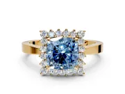 Starburst Halo Engagement Ring Setting for Fancy Blue Cushion Cut Center with Flat Cathedral Band and Prong Head in Yellow Gold