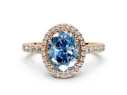 Halo Engagement Ring Setting for Fancy Blue Oval Center with Inner Milgrain Border and Prong Head in Rose Gold