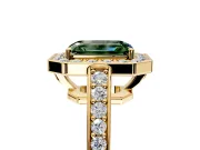Bezel-Framed Halo Engagement Ring Setting for Fancy Green Emerald Cut Center with Pave Band and Prong Head in Yellow Gold