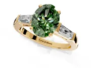 3 Stone Engagement Ring Setting for Fancy Green Oval Center with Tapered Baguettes, Plain Band and Prong Head in Yellow Gold