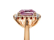 Starburst Halo Engagement Ring Setting for Fancy Pink Asscher Cut Center with Thin Round-Wire Band and Prong Head in Rose Gold